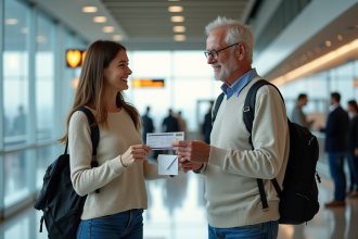 Jeune femme donne un billet d'avion à un homme souriant dans un aéroport