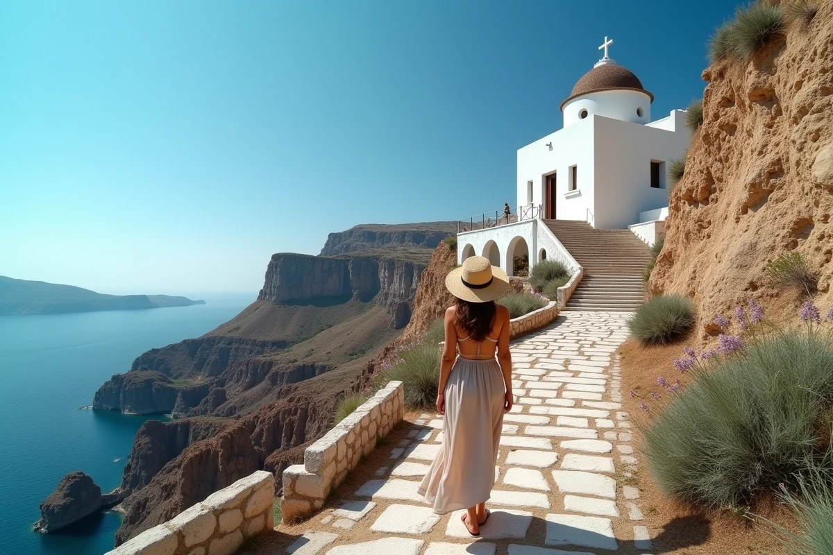 Église Panagia perchée sur la falaise de Folégandros avec une voyageuse admirant l'édifice blanc sur fond de mer Égée