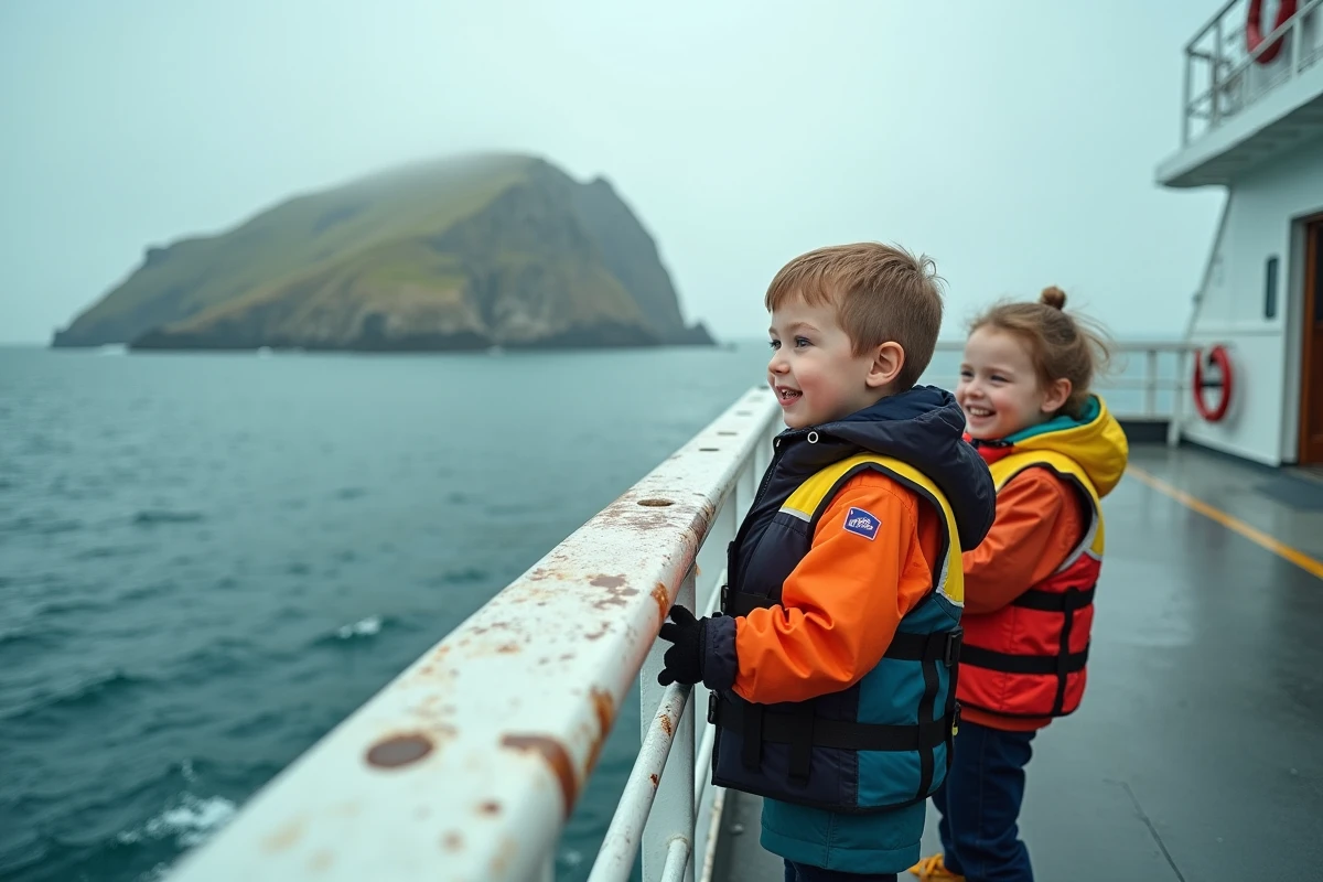 Enfants sur le pont d'un ferry portant des gilets de sauvetage lors de la traversée vers l'île de Groix