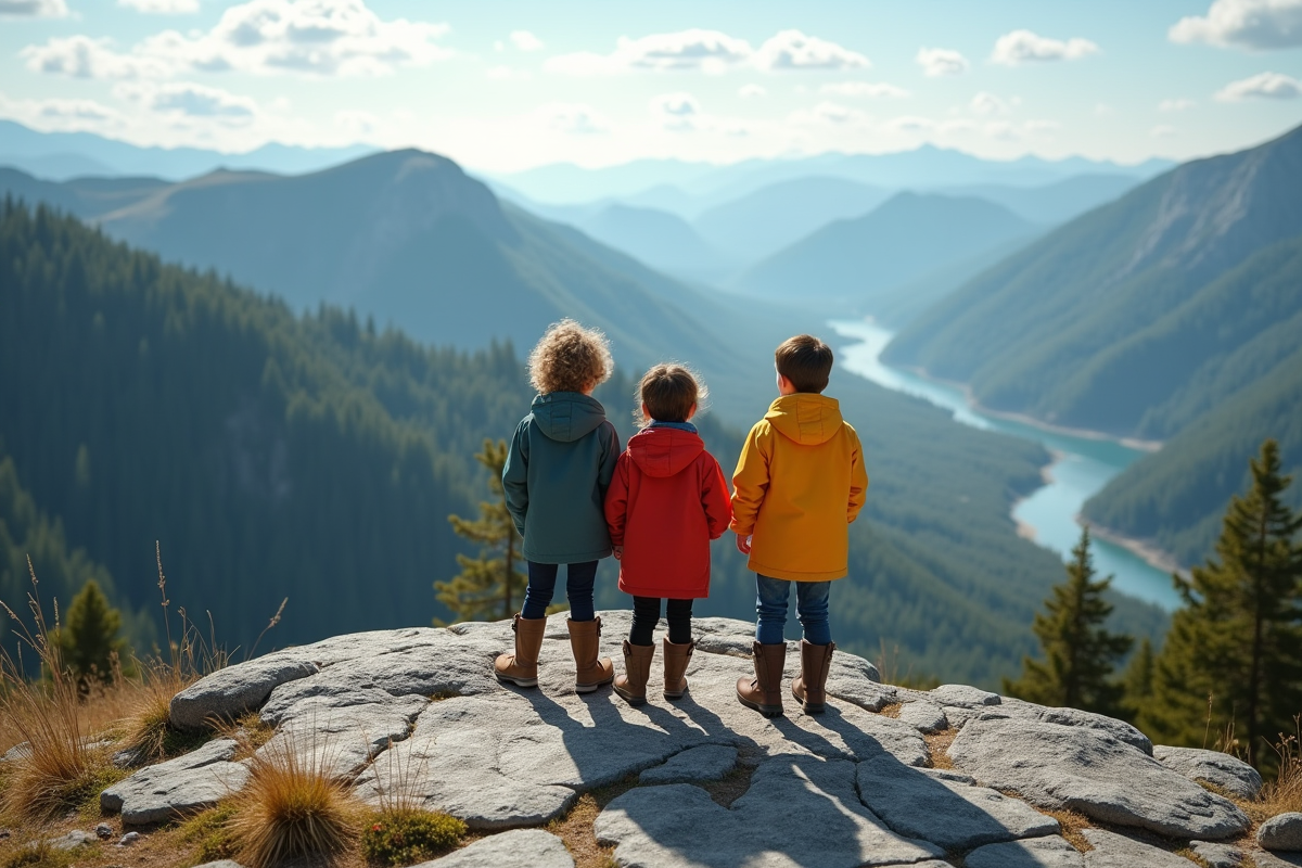 Trois enfants regardant la montagne depuis un rocher