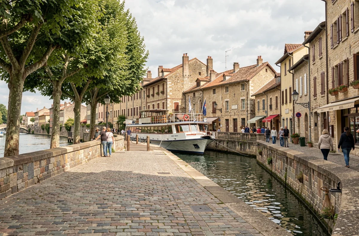 Quai médiéval d'une ville au bord de la Saône avec bateau de croisière amarré et promeneurs