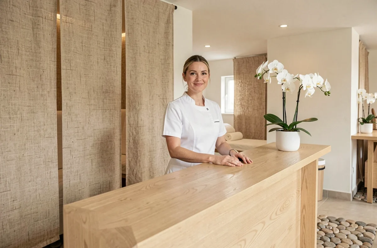 Réception spa de L'EssenCiel avec décoration naturelle en lin et bois clair, thérapeute en uniforme blanc souriant