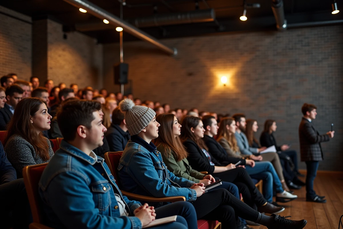 Public attentif lors d'un événement de spoken word hivernal dans un théâtre intimiste aux murs en briques apparentes à Dublin