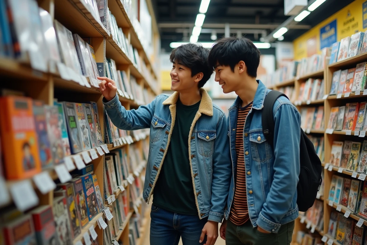 Deux jeunes hommes découvrant des titres boylove dans une librairie spécialisée manga