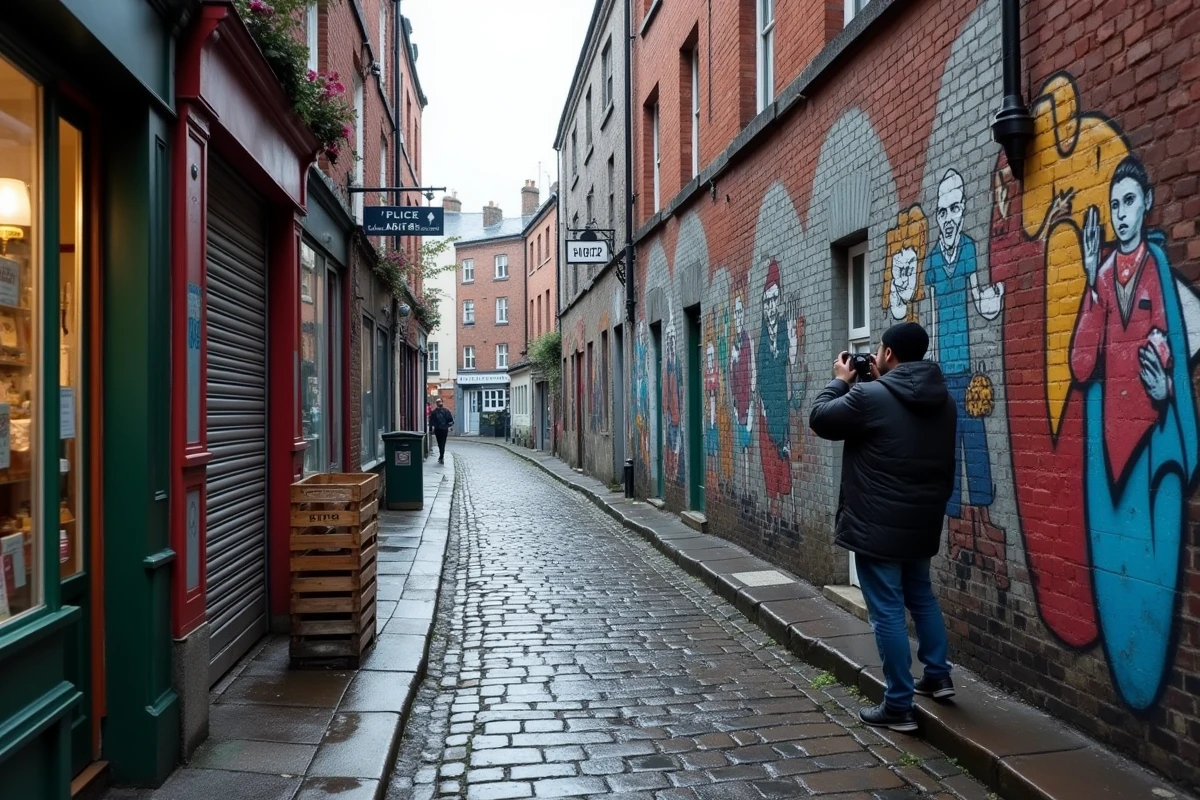 Ruelle des Liberties à Dublin ornée de street art coloré, homme photographiant les fresques sur pavés mouillés par la pluie