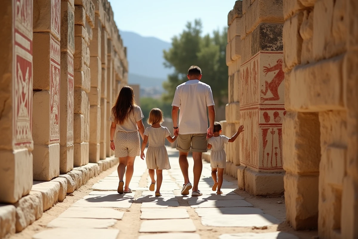 Famille explorant les ruines antiques de Knossos en Crète