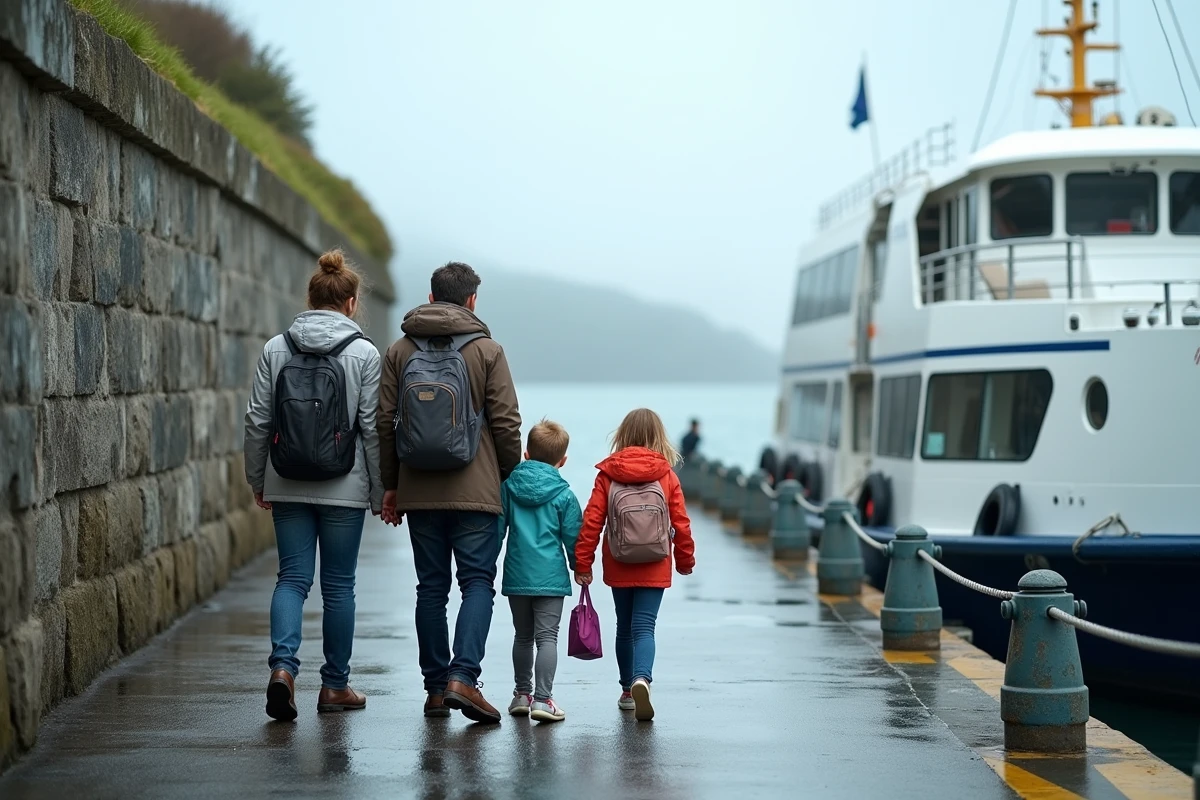 Famille avec enfants s'apprêtant à embarquer sur le ferry Lorient-Groix au quai du port breton