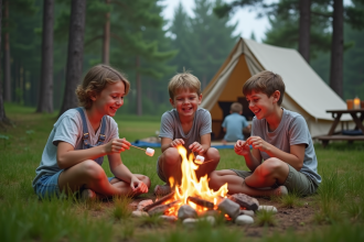 Famille française autour d’un feu de camp en camping