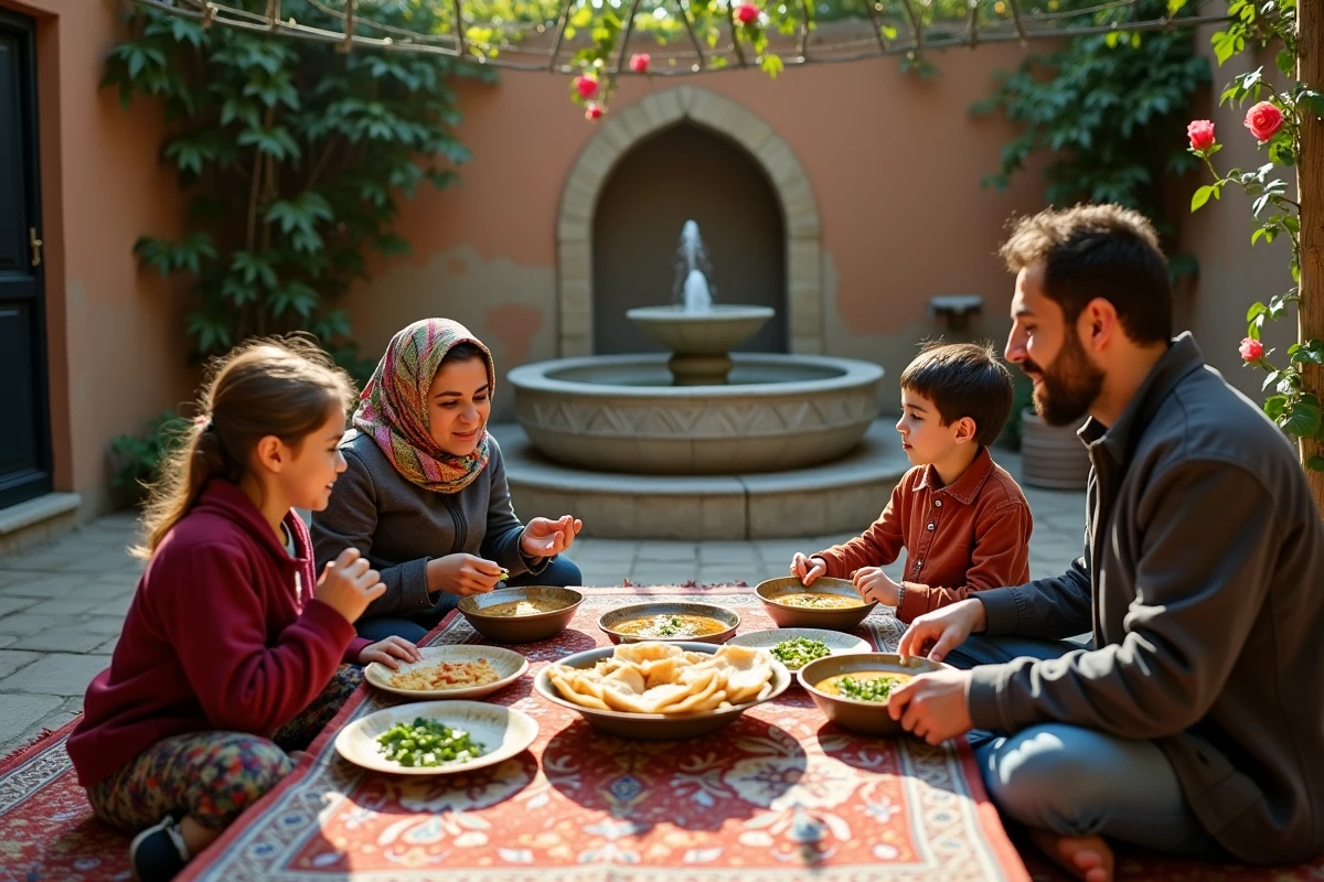 Famille iranienne partageant un repas traditionnel dans la cour intérieure d'une maison à Hamadan, Iran