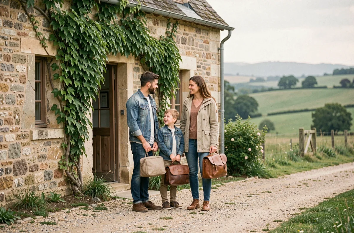Famille arrivant dans une location de vacances en pierre dans la campagne française