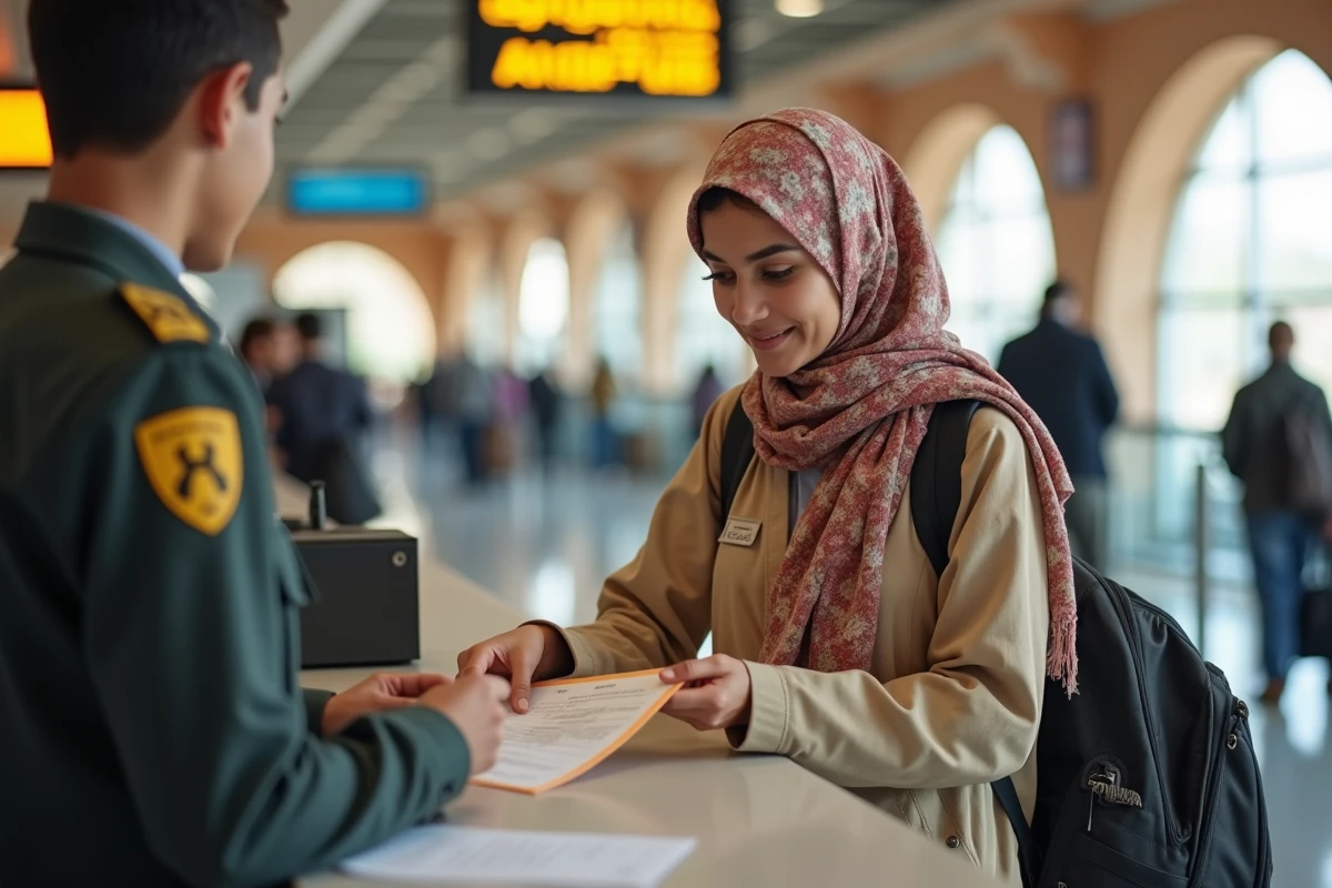 Famille marocaine au comptoir d'enregistrement d'un aéroport présentant des documents de voyage officiels pour un mineur