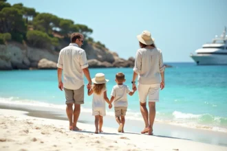 Famille de quatre sur la plage de Porto Cervo en Sardaigne