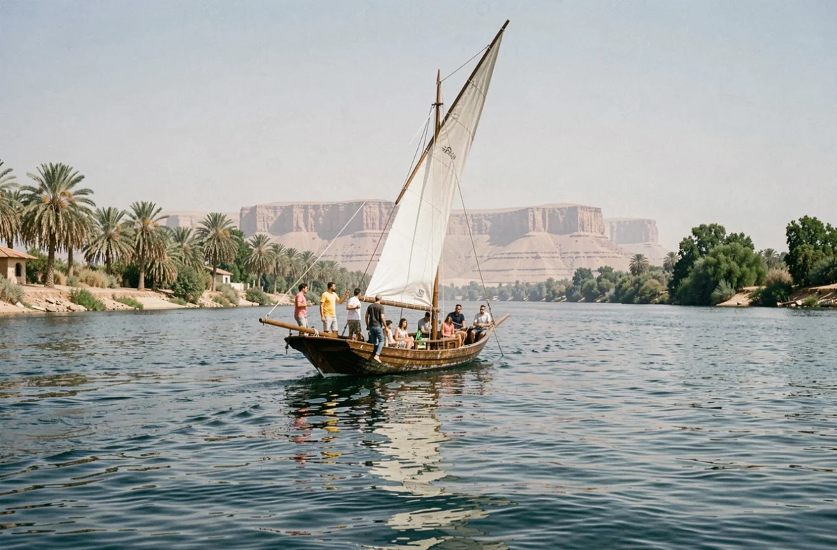 Groupe de touristes naviguant sur le Nil en felouque traditionnelle pour échapper à la chaleur d'août en Égypte