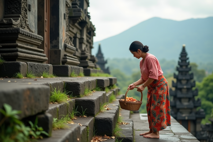 femme-balinaise-offrande-temple Femme balinaise en kebaya déposant une offrande au temple
