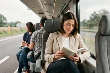 Femme assise confortablement dans un bus Marseille Aix-en-Provence, lisant un livre pendant le trajet aux heures de pointe