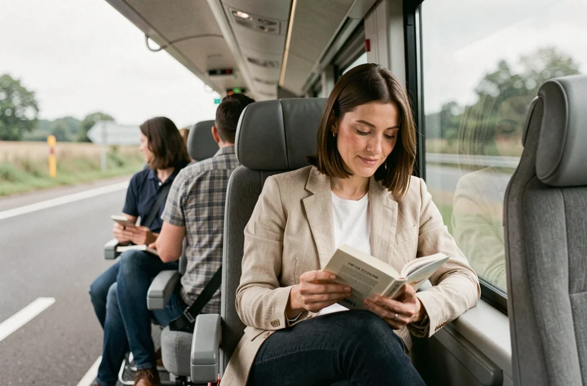 Femme assise confortablement dans un bus Marseille Aix-en-Provence, lisant un livre pendant le trajet aux heures de pointe