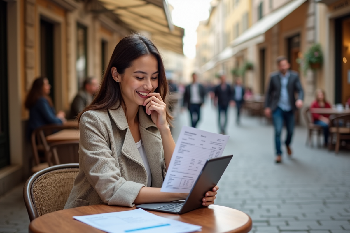 Jeune femme souriante consulte une facture de hotel en terrasse