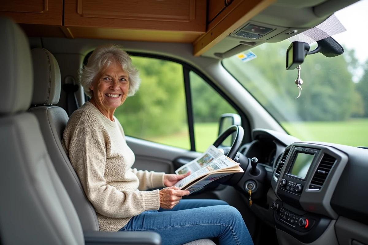 Femme âgée souriante lit dans un campervan moderne intérieur