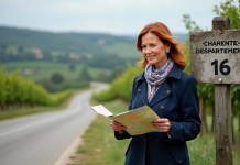Femme en trench et foulard avec carte de France près d'un panneau Charente