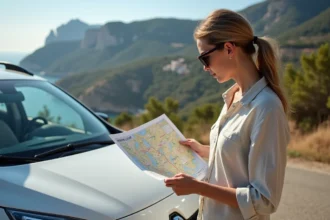 Jeune femme avec carte de Corse sur la voiture
