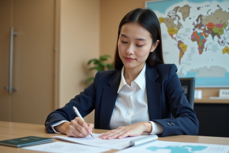 Jeune femme remplissant formulaire de visa dans un bureau