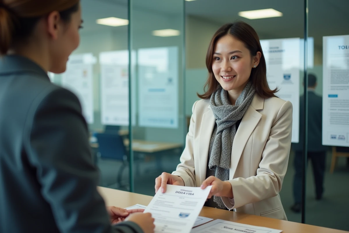 Femme remettant ses papiers de visa à un agent dans un bureau officiel