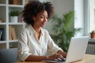 Femme comparant des offres de vols sur Google Flights depuis son bureau à domicile