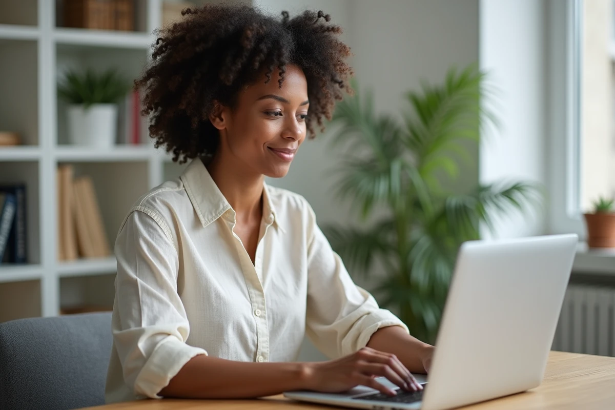 Femme comparant des offres de vols sur Google Flights depuis son bureau à domicile