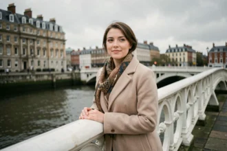 Femme souriante sur le Ha'penny Bridge à Dublin, appuyée sur la rambarde en fonte blanche avec la rivière Liffey en arrière-plan