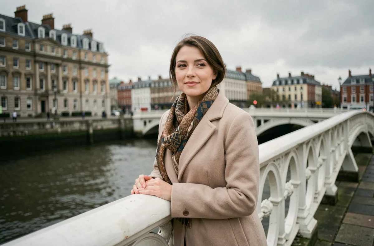 Femme souriante sur le Ha'penny Bridge à Dublin, appuyée sur la rambarde en fonte blanche avec la rivière Liffey en arrière-plan