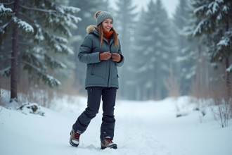 Jeune femme en hiver dans la forêt enneigée prépare sa randonnée