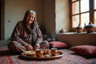 Femme iranienne âgée en chador floral servant le thé dans une maison traditionnelle de Hamadan, Iran