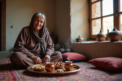 Femme iranienne âgée en chador floral servant le thé dans une maison traditionnelle de Hamadan, Iran