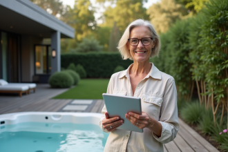 Femme souriante avec une tablette près du jacuzzi extérieur