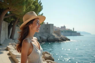 Femme souriante en robe de lin sur la côte de Lokrum
