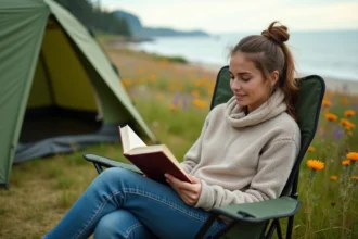 Jeune femme lisant en camping dans la nature avec fleurs et mer