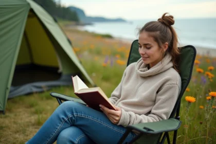 Jeune femme lisant en camping dans la nature avec fleurs et mer