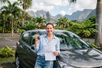 Femme souriante avec clés et contrat de location à La Réunion
