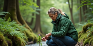 Parcs naturels : l’enjeu écologique majeur à comprendre Femme en veste verte examine une fleur dans la forêt
