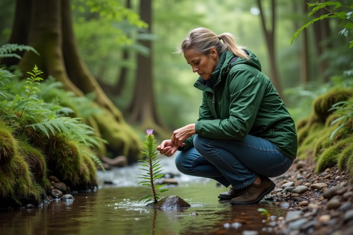 femme-nature-foret-mousse Femme en veste verte examine une fleur dans la forêt