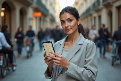 Femme consultant l'application Mappy sur smartphone pour planifier un itinéraire en ville