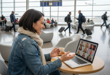 Aisance en voyage : l’anglais à votre rescousse grâce à l’enseignement en ligne Femme souriante à l'aéroport utilisant son ordinateur portable
