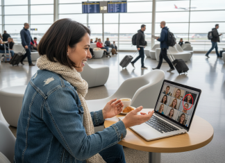 Femme souriante à l'aéroport utilisant son ordinateur portable