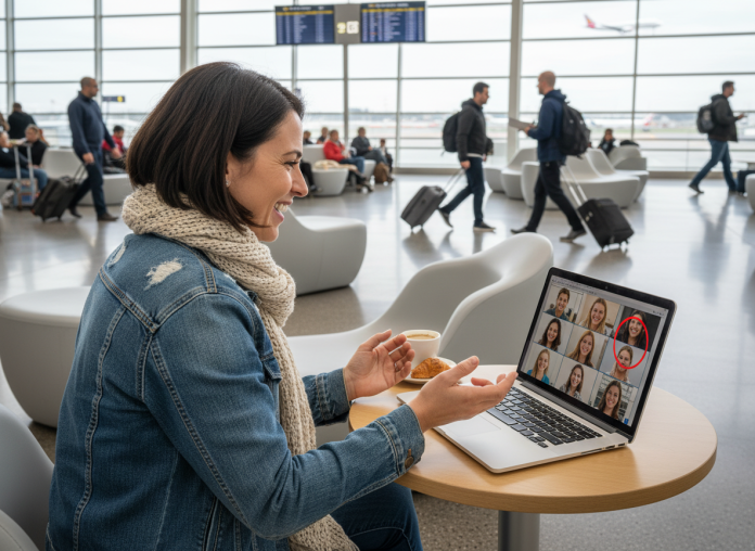 femme-ordinateur-aeroport Femme souriante à l'aéroport utilisant son ordinateur portable