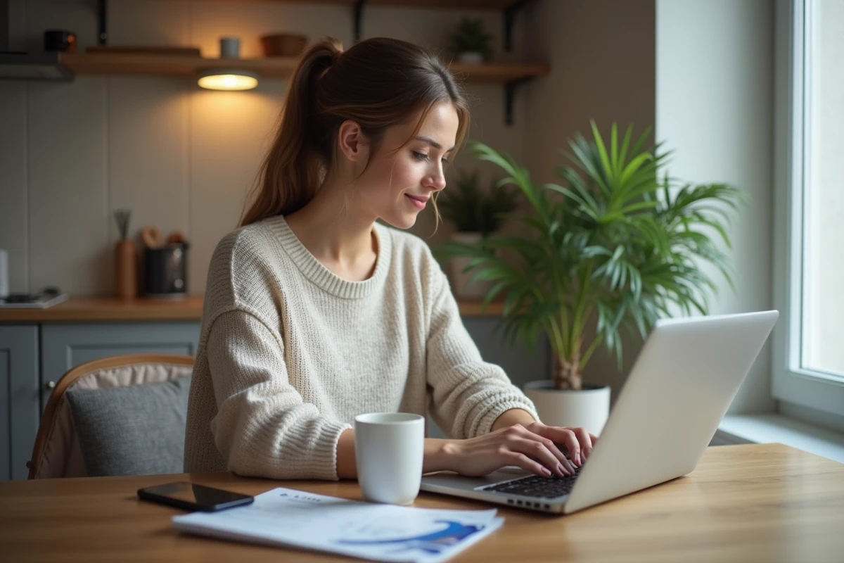 Jeune femme vérifiant son vol Air France sur son ordinateur