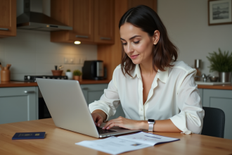 Femme remplissant un formulaire de vol en ligne à la maison