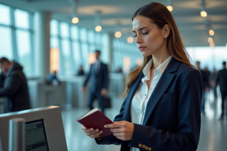 Femme au contrôle passport dans un aéroport animé