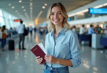 Jeune femme avec passeport à l'aéroport