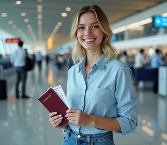 Document obligatoire pour voyager en France: quel est-il ? Jeune femme avec passeport à l'aéroport