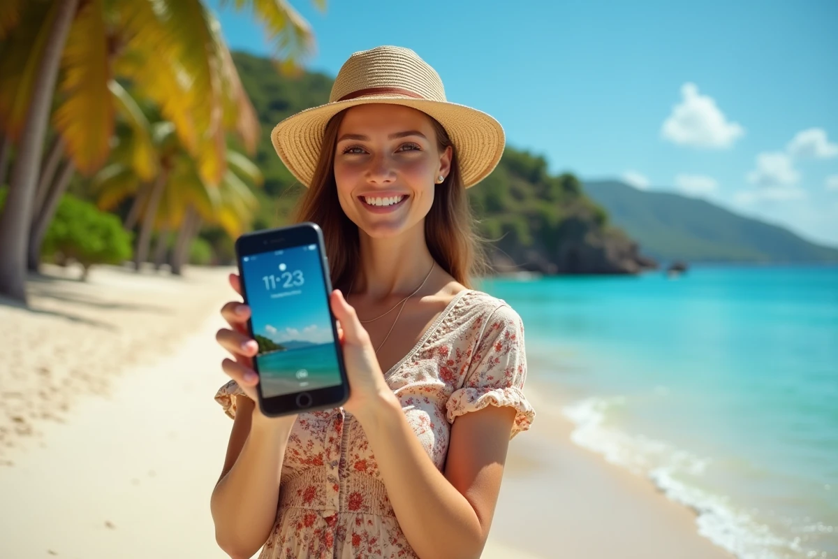 Jeune femme souriante sur une plage de Martinique avec téléphone